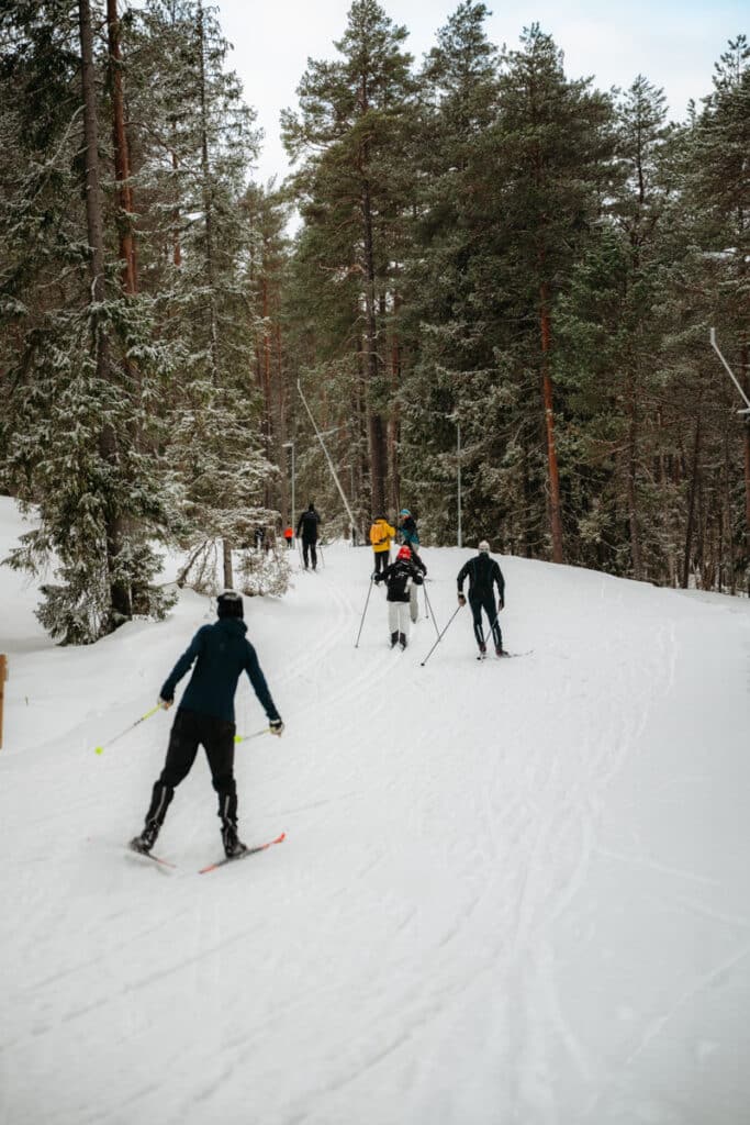 Längdskidåkare åker i vackert vinterlandskap.