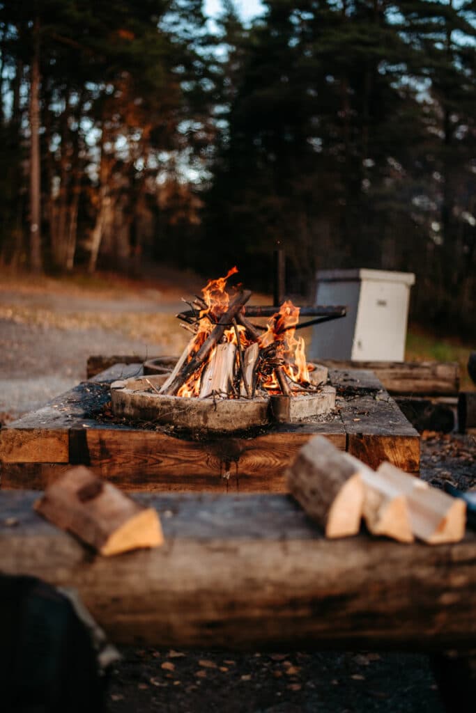 En eldstad med vedträn och vedträn i förgrunden.