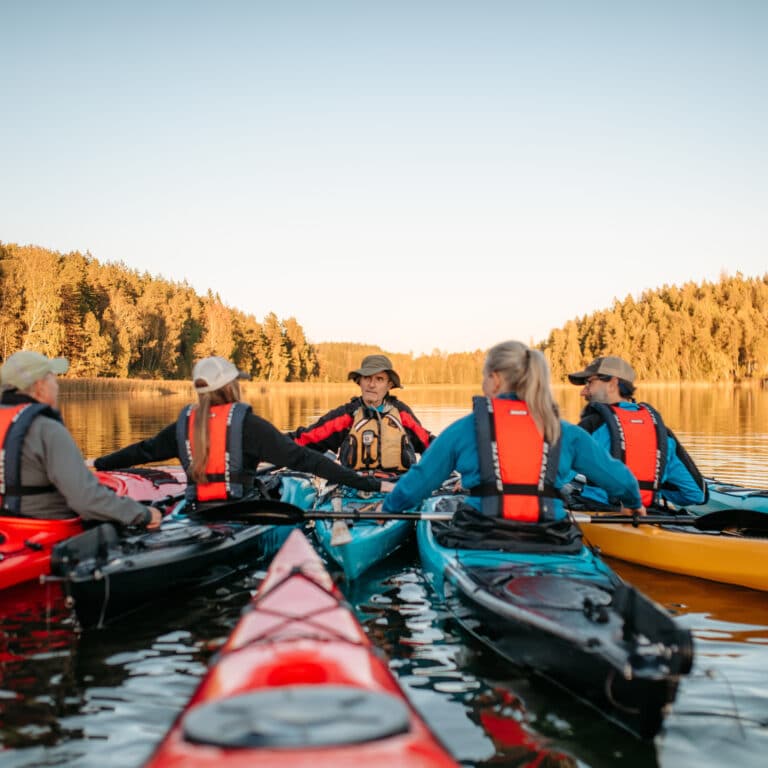 En grupp människor i kajaker paddlar på en sjö.